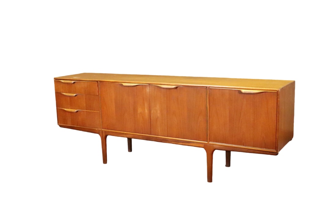 DANISH FORM SIDEBOARD: Danish form. Wood. 3 drawers. 2 doors in center. One drop down door. 29 1/2" h x 80 1/4" w x 17 1/8" d.