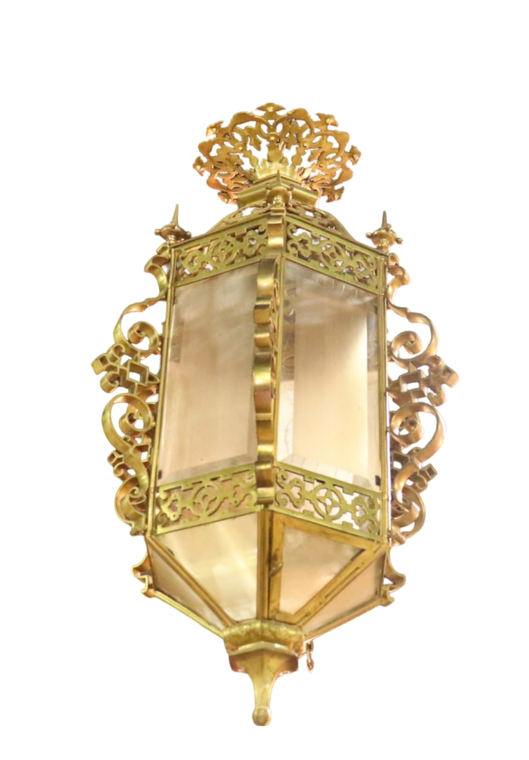 BELLE EPOQUE FRENCH LANTERN: Brass. 6 panels. 34 1/2" h x 21" diameter.