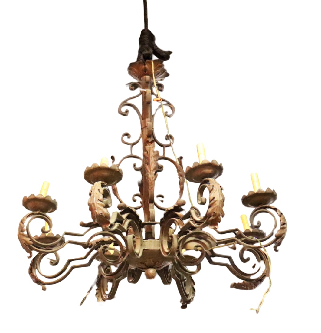 ITALIAN STYLE METAL TOLE CHANDELIER: 8 arm. Metal. 31 3/4" h x 35" diameter.