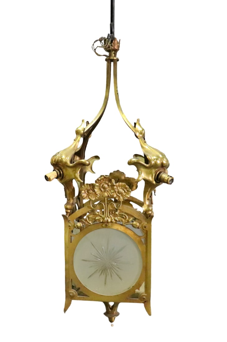 MOORISH STYLE LANTERN/CHANDELIER: Brass. 4 lights. 33" h x 14" square.