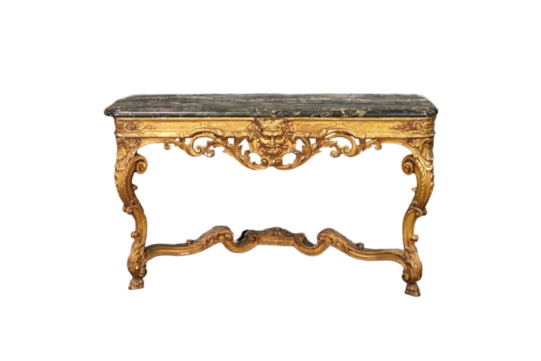 MARBLE TOP CARVED GILT CONSOLE: Wall mounted. Carved gilt frame. Marble top. 33 3/8" h x 53" w x 14 3/8" d.