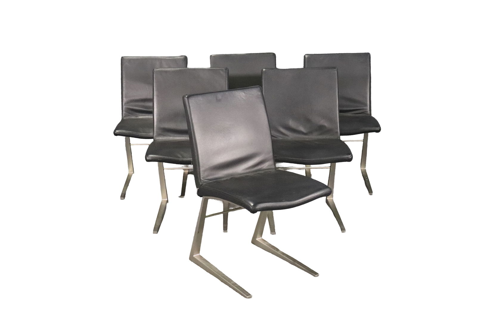 6 BO CONCEPT LEATHER SIDE CHAIRS: Brushed metal finish frame. Leather upholstery. 32 5/8" h x 16 3/4" w x 24" d. Seat height 17"