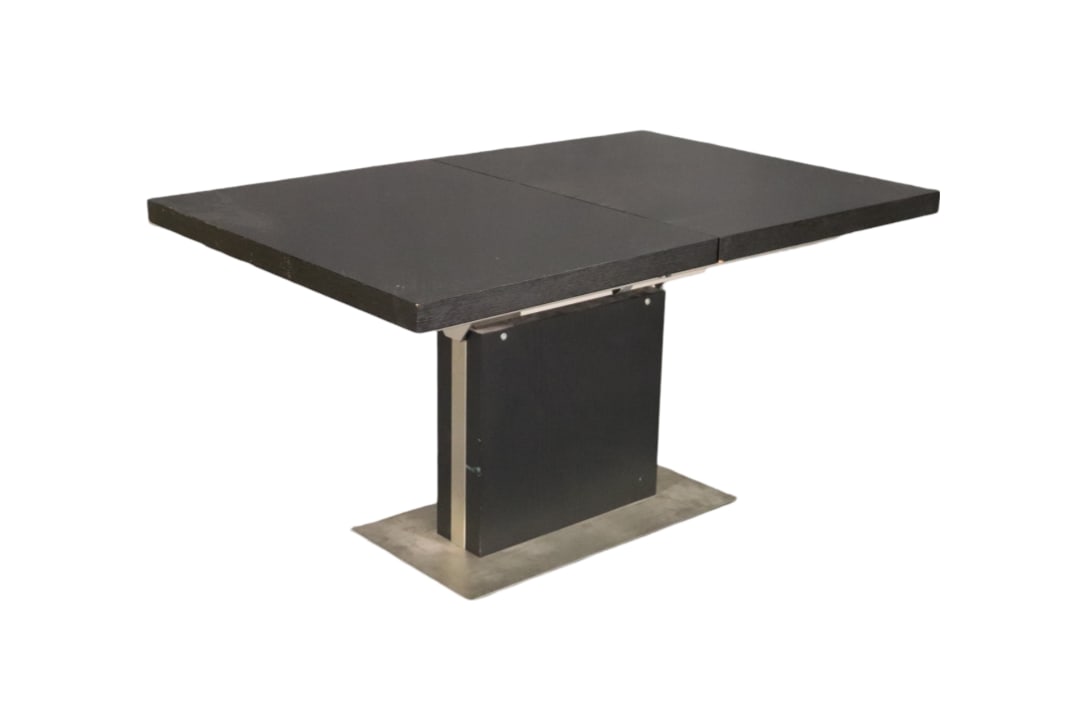 BO CONCEPT DINING TABLE: Brushed metal and ebonized frame. Ebonized top. 1 - 20 1/2" pull up leaf. 29 5/8" h x 55 1/4" w x 36" d.