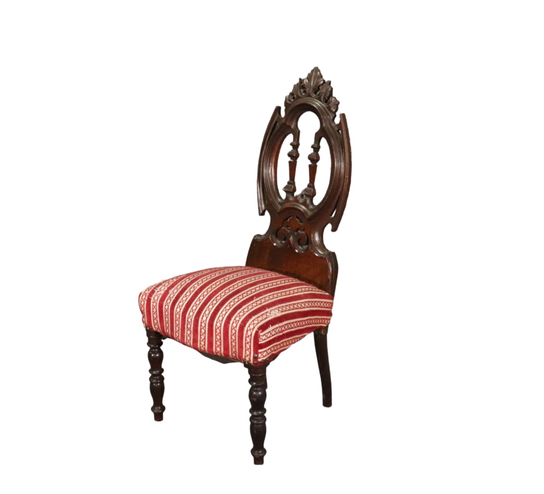 VICTORIAN CHILDS CHAIR: Walnut carved wood . Upholstered seat . 37" h x 16 1/4" w x 18 1/4" d. Seat height 16 3/4".