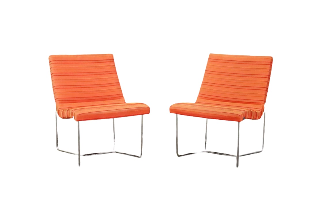 PAIR HARTER SLIPPER LOUNGE CHAIRS: Metal base. Upholstered. 32 3/4" h x 24 1/4" w x 29 1/2" d. Seat height 18".