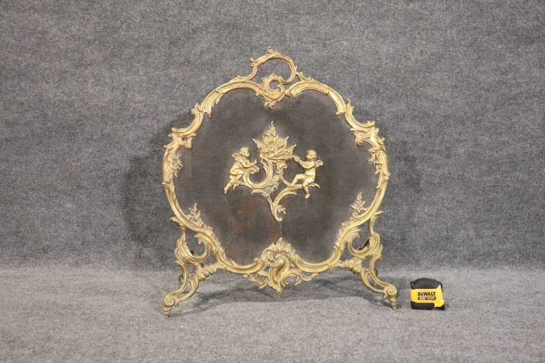 19TH C FRENCH BRONZE LOUIS XV STYLE CUPID FIGURAL FIRE SCREEN (1 of 7)