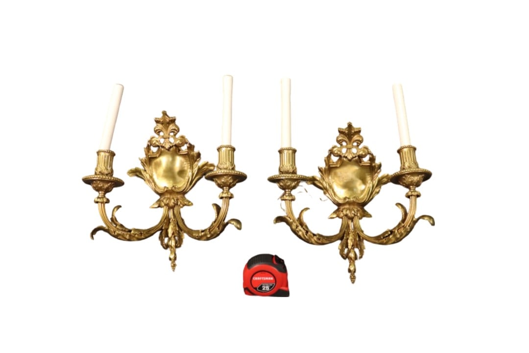 PAIR ANTIQUE FRENCH BRONZE 2 ARM SHIELD BACK SCONCES (1 of 9)