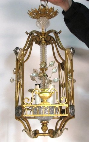 SILVER & GOLD GILT BIRDCAGE CHANDELIER w/ GLASS LEA: Very good condition. 23"h. x 9 1/2"sq.