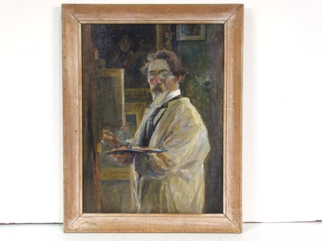 SELF PORTRAIT OF AN ARTIST att. IRVING RAMSEY WILES: Oil on canvas. Unsigned but attributed to irving Ramsey Wiles. Very good condition. Relined. 16" x 12" in a 18 1/2" x 14 1/2" frame.