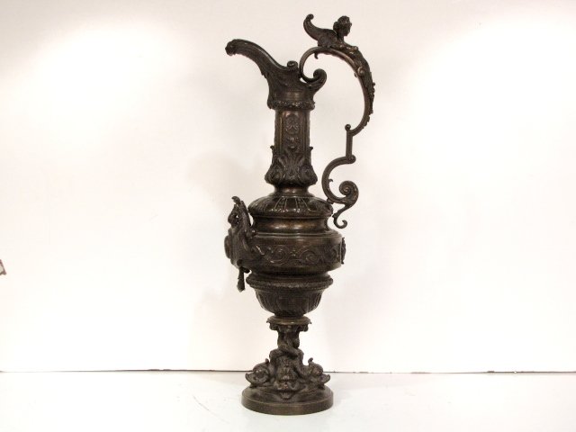 27" FRENCH BRONZE EWER w/ WINGED FIGURE: Original patina. Very good condition. 27 1/2" high.