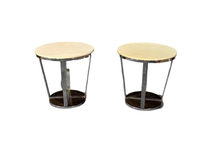 PAIR MID CENTURY MODERN CHROME & FAUX TRAVERTINE END TABLES