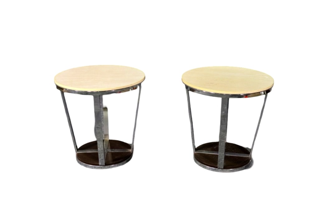 PAIR MID CENTURY MODERN CHROME & FAUX TRAVERTINE END TABLES (1 of 10)