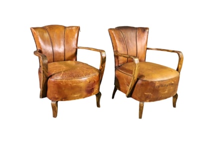 PAIR FRENCH DECO LEATHER ARM CHAIRS