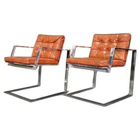 PAIR LEATHER BARCELONA STYLE CHROME ARM CHAIRS