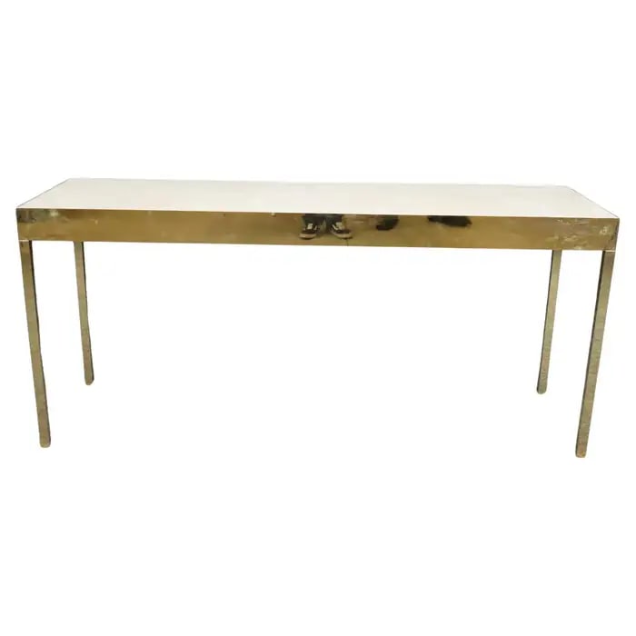 MILO BAUGHMAN STYLE BRASS FAUX LEATHER CONSOLE TABLE (1 of 10)