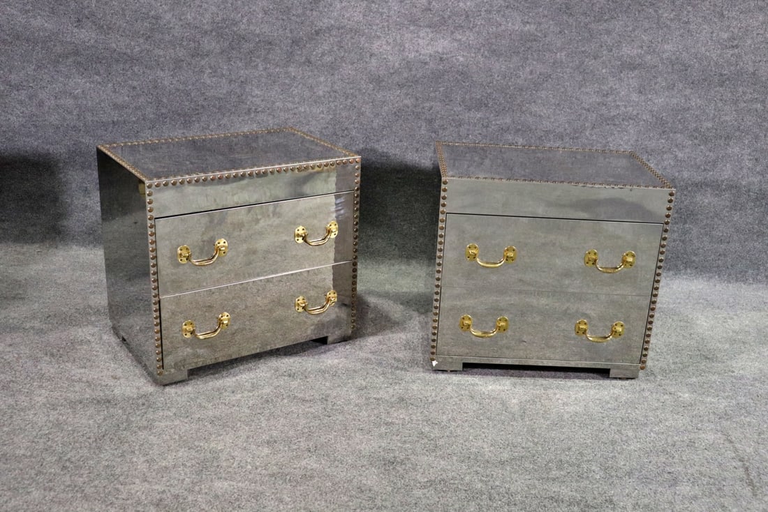 PAIR SARREID STYLE POLISHED STEEL & BRASS CHEST OF DRAWERS (1 of 9)