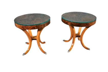 PAIR BURL WALNUT GLASS TOP END TABLES