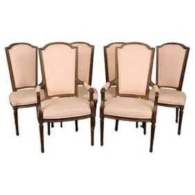 6 FRENCH LOUIS XVI STYLE CARVED WALNUT TALL BACK DINING CHAIRS