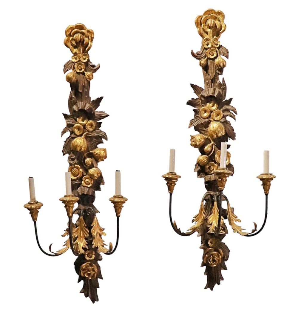 PAIR LOUIS XV STYLE CARVED 3 ARM WALL SCONCES: Carved. Floral decorated. 3 arms. Gilt painted. 47 3/4" h x 15 1/4" w x 11 1/2" d.
