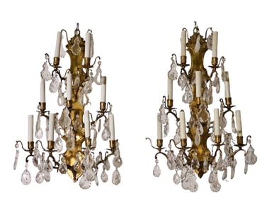 PAIR BRASS & CRYSTAL WALL SCONCES