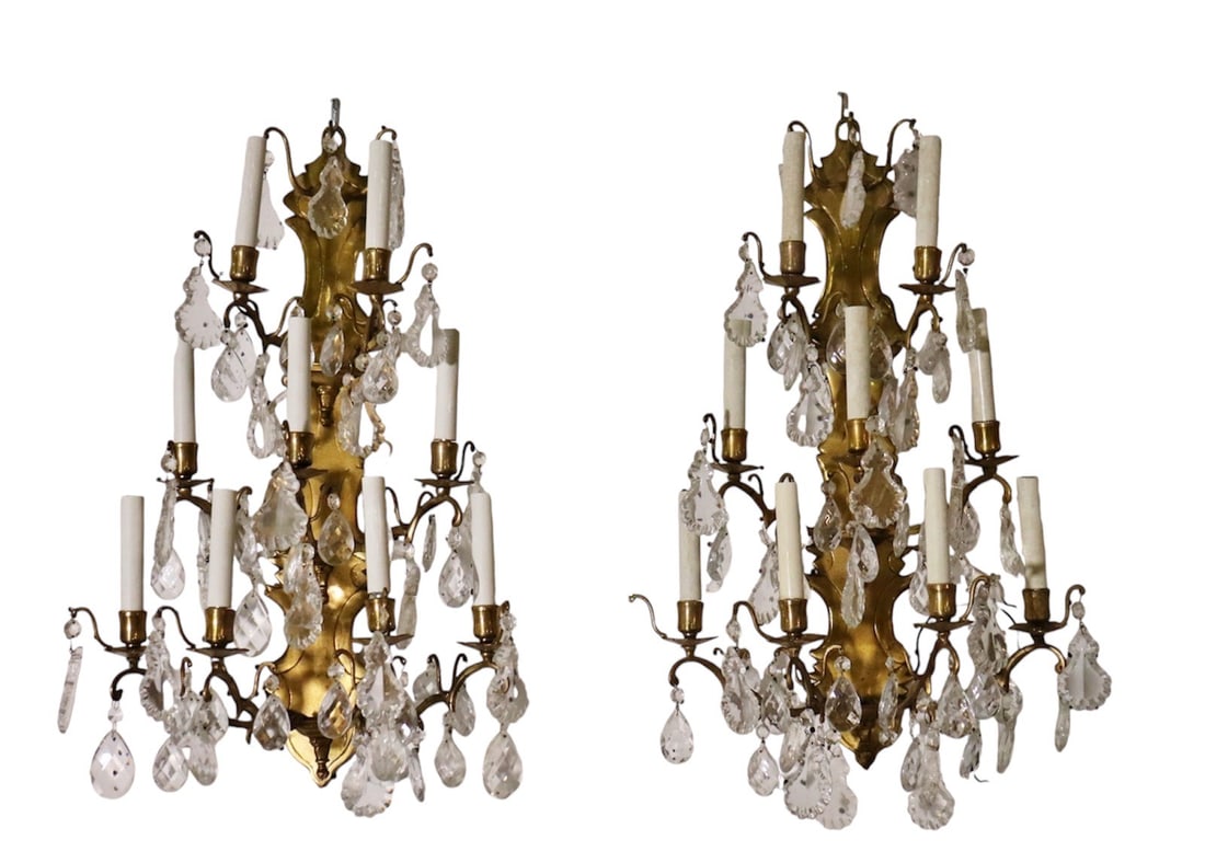 PAIR BRASS & CRYSTAL WALL SCONCES (1 of 9)