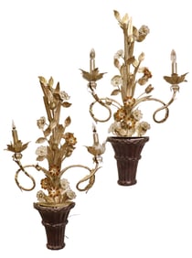 PAIR BAGUES STYLE FLORAL DECORATED WALL SCONCES