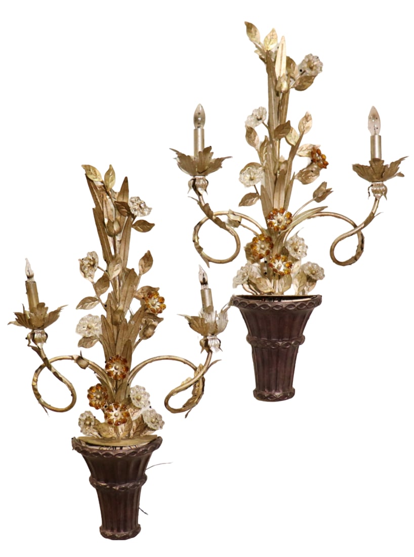 PAIR BAGUES STYLE FLORAL DECORATED WALL SCONCES (1 of 10)