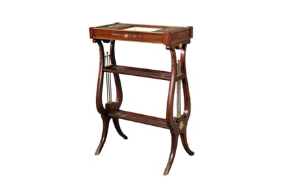19TH C HARP STYLE MAHOGANY SEWING STAND