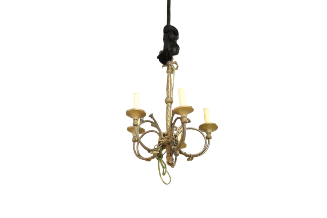 BRASS TRUMPET FORM CHANDELIER: Brass frame. 5 lights. 20" h x 16 1/4" diameter.