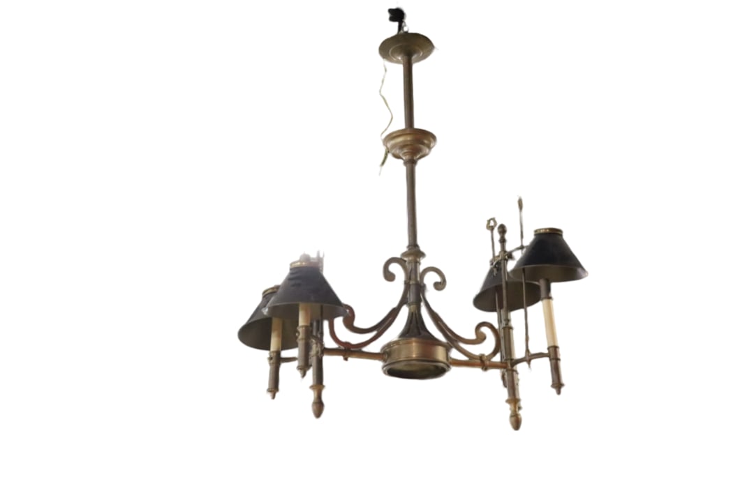 BRASS & TOLE CHANDELIER: Brass. 4 lights with tole shades. 46 7/8" h x 33 1/2" w x 16 1/2" d.