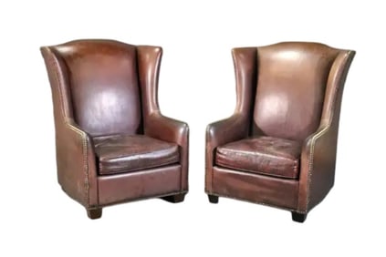 PAIR FAUX ALLIGATOR PRINTED LEATHER TALL BACK  WING CHAIRS