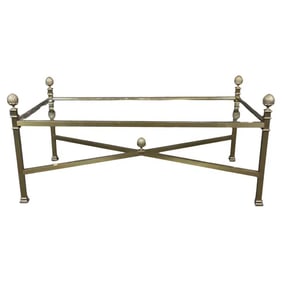 MAISON JANSEN STYLE BRASS & GLASS COFFEE TABLE WITH PINEAPPLE FINIALS