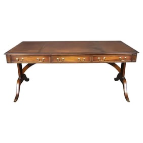 GOLD TOOLED EMBOSSED LEATHER TOP ENGLISH REGENCY DESK BY REPRODUX