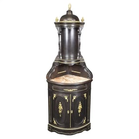ITALIAN DARK WALNUT & BRONZE ORMOLU MARBLE TOP CORNER CABINET