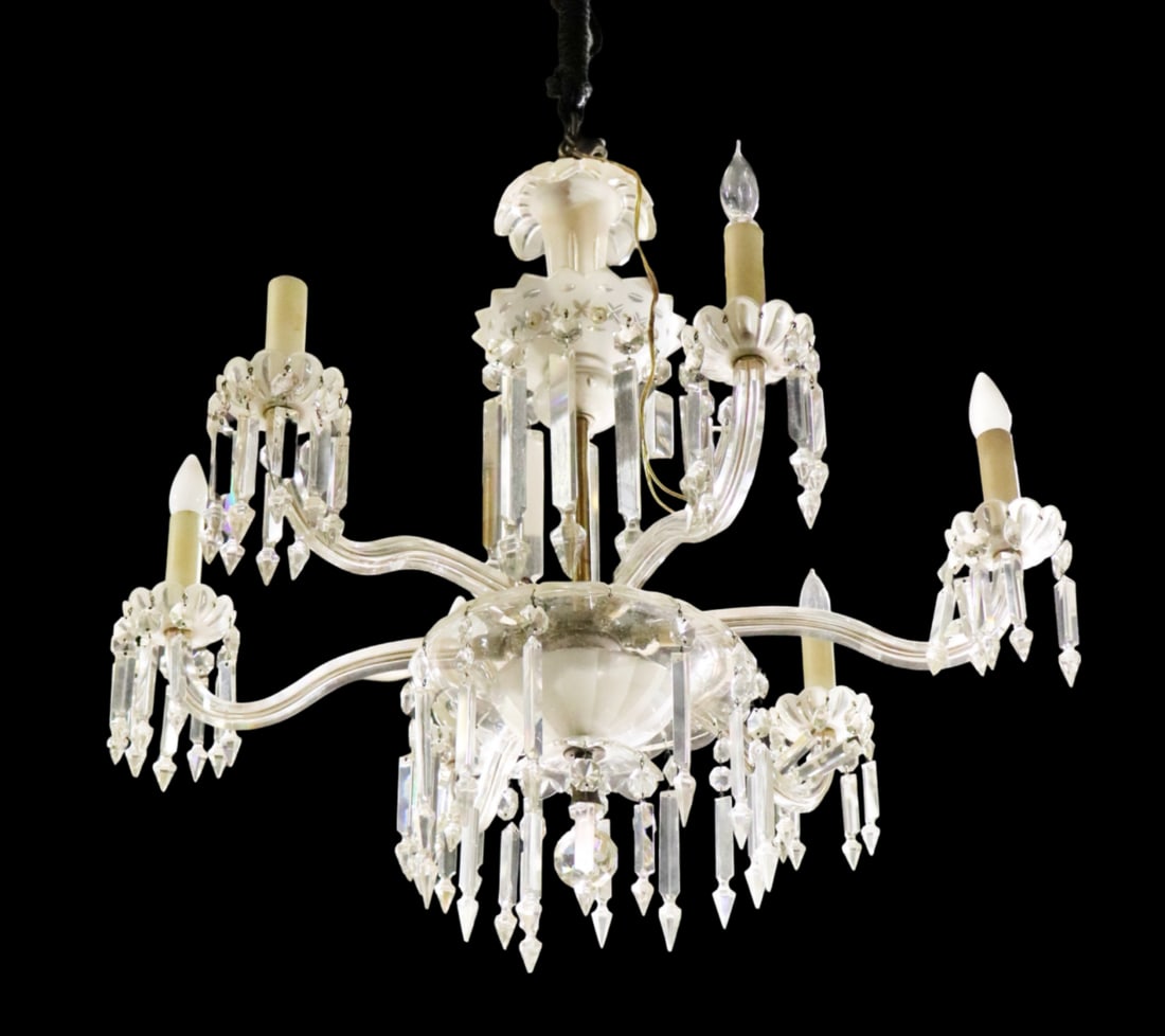 WATERFORD STYLE CRYSTAL CHANDELIER: 6 arms. Frosted glass. Etched glass. 30" h x 33" diameter.