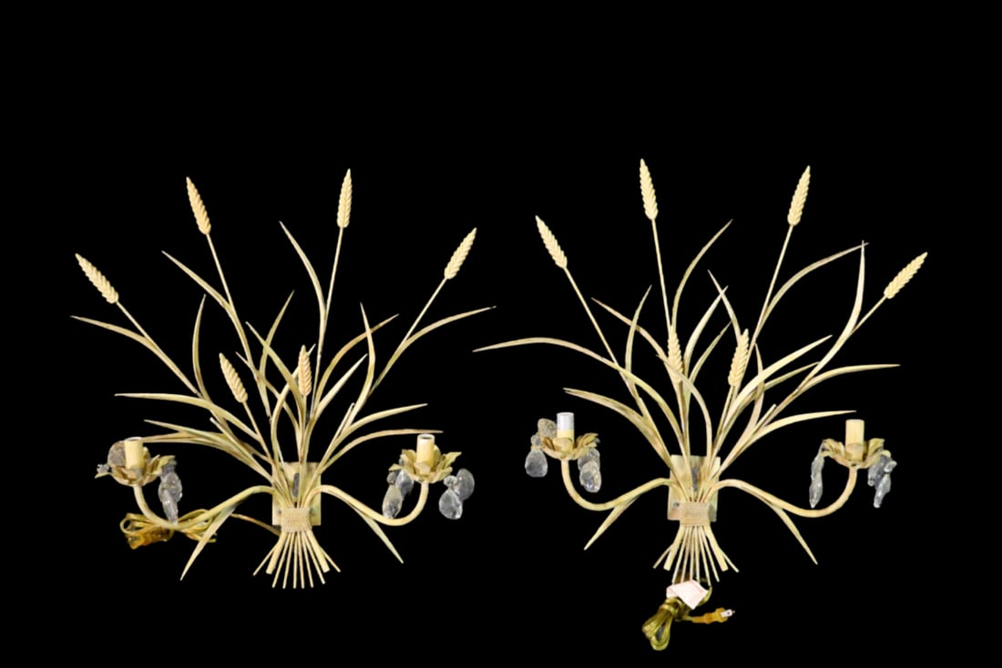 PAIR BAGUES STYLE WHEAT FORM WALL SCONCES: Metal. Wheat form. 2 lights. Glass prisms. Painted. 23 1/2" h x 22 3/4" w x 8 1/4" d.