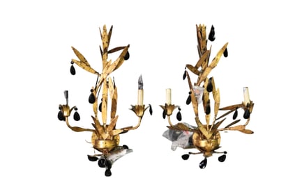 PAIR ITALIAN STYLE WHEAT FORM GILT TOLE METAL WALL SCONCES