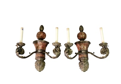 PAIR ORNATE 2 LIGHT METAL WALL SCONCES