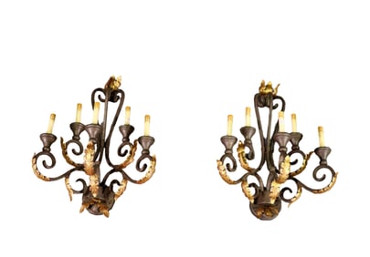 PAIR BROWN IRON HAND PAINTED WALL SCONCE