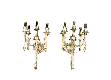 PAIR GOTHIC STYLE SILVERED FINISH 5 ARM WALL SCONCES