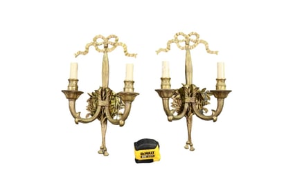 PAIR BRASS RIBBON FORM 2 ARM SCONCES