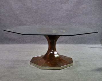 BURLED & CHROME GLASS TOP DINING TABLE