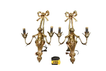 PAIR BRASS CHERUB FIGURAL RIBBON FORM SCONCES