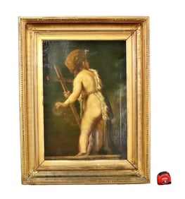 ANTIQUE CONTINENTAL THE CHILD SAINT JOHN THE BAPTIST OIL PAINTING