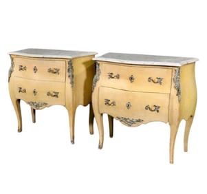 PAIR LOUIS XV MADE IN FRANCE MARBLE TOP PAINT DECORATED COMMODES