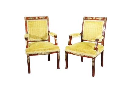PAIR FRENCH EMPIRE ORMOLU MOUNTED ARM CHAIRS