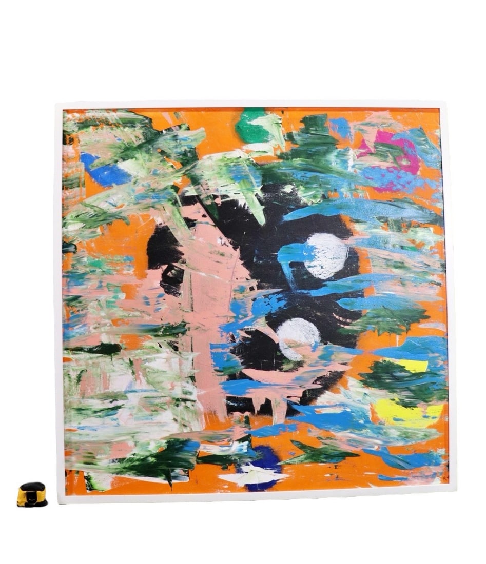 KELLY MILLET-ONE MAN SHOW "BLACK MOON": KM lower right. Acrylic on canvas. Framed measures 50" h x 40 3/4" w x 2 5/8" d. Painting measures 47 3/4" h x 47 1/2" w.