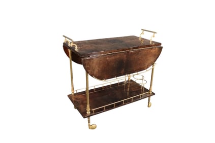 ALDO TURA LACQUERED GOATSKIN & BRASS DOUBLE DROP LEAF BAR CART