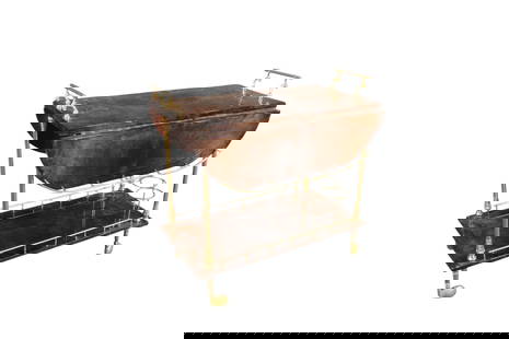 ALDO TURA LACQUERED GOATSKIN & BRASS DOUBLE DROP LEAF BAR CART: Lacquered goatskin. Brass. 2 tier. On casters. 29 1/2" h x 31 1/2" w x 19" d (closed) x 31" d (open).