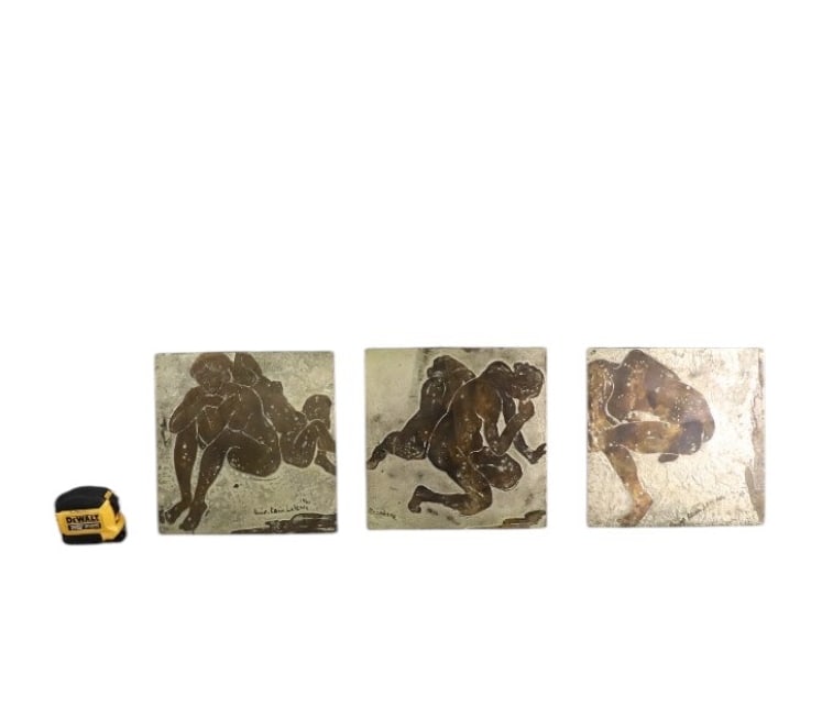 3 PHILIP & KELVIN LAVERNE NUDE PLAQUES: Signed Philip and Kelvin Laverne and P & K Laverne. #212 Seated Woman.1961. Signed lower right. #203 Reflection. Signed lower left. #237 Diana. Signed bottom center. Measures 10 1/8" h x 10 1/8" w x 1
